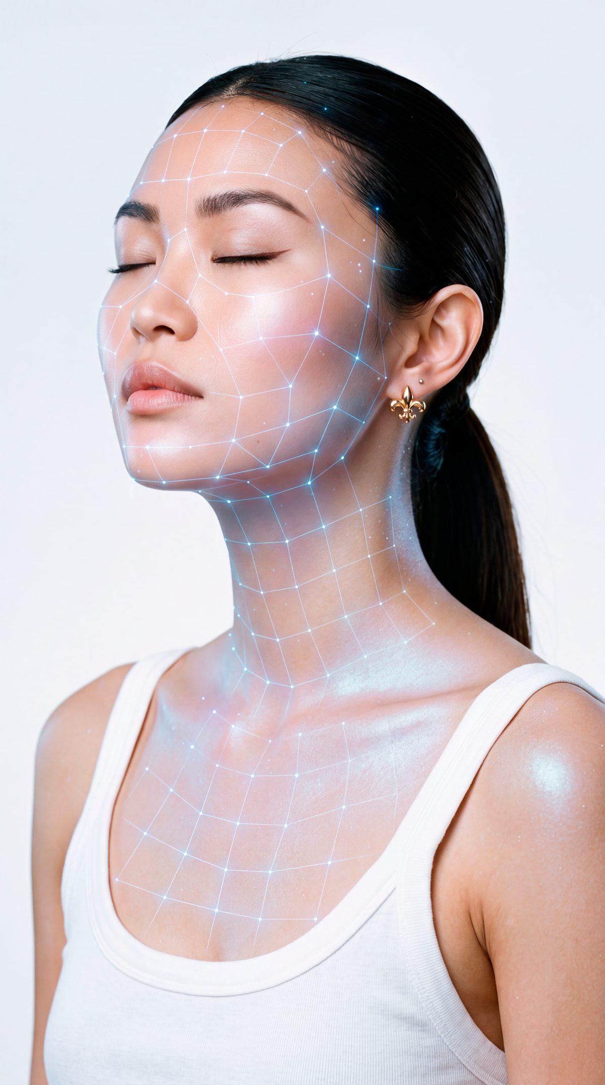 Mulher 35 anos com pele firme e luminosa, dois frascos azul e rosa em primeiro plano, luz natural suave