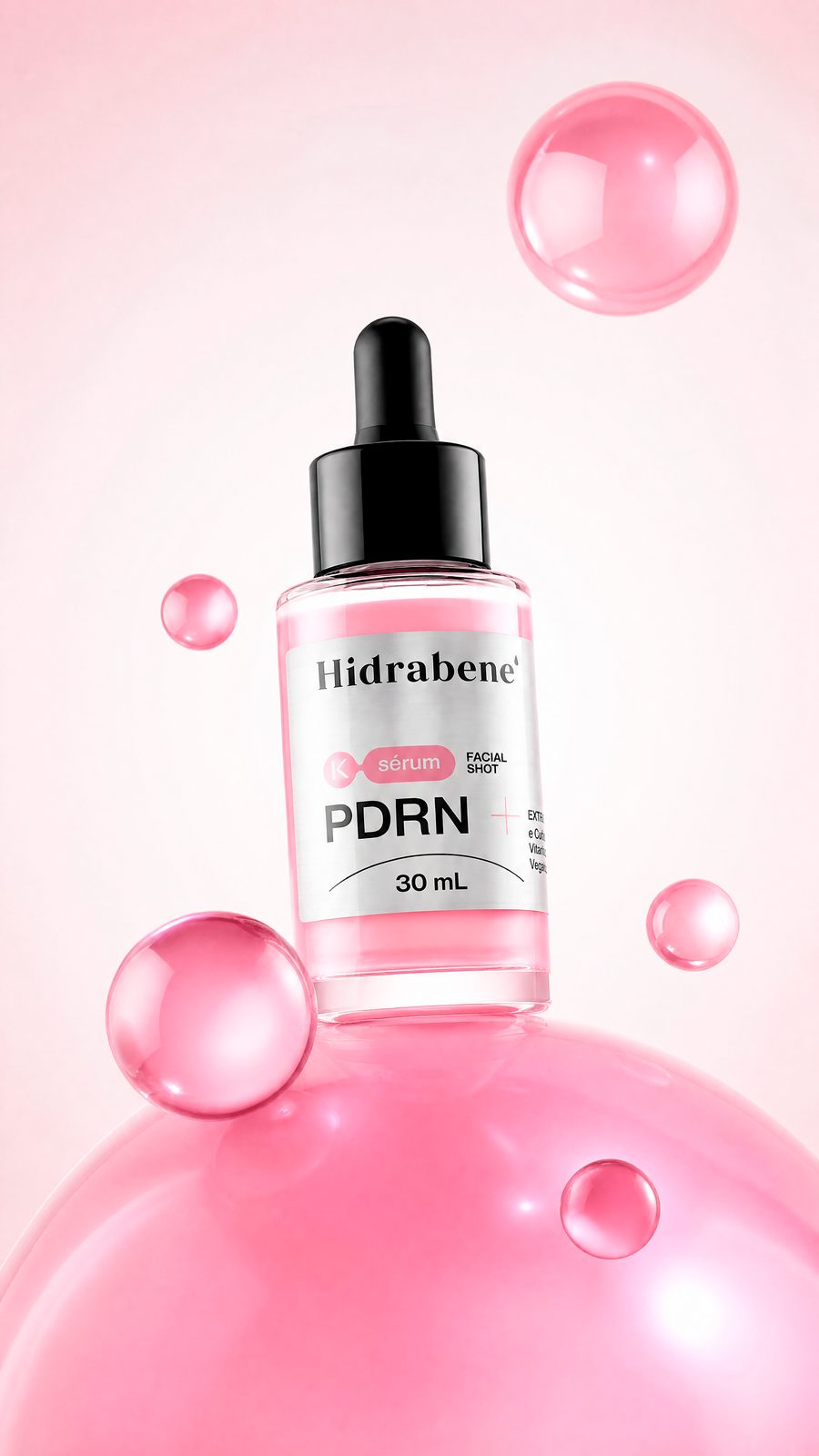 Shot PDRN rosado sobre bolha com gotas